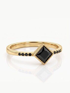 Dainty Gold Ring with Black Gemstone, 925 Sterling Silver, 10k Gold Finish